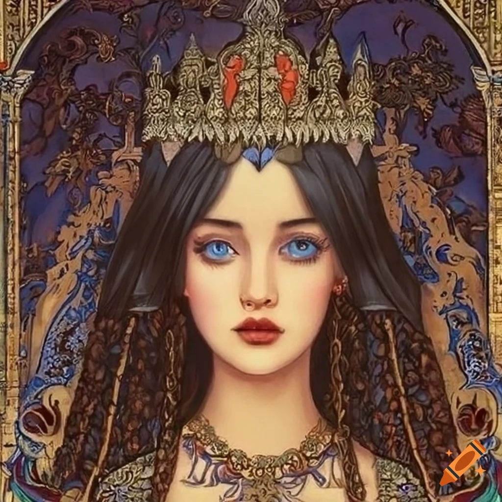 Illustration Of A Beautiful Princess With Black Hair And Blue Eyes 