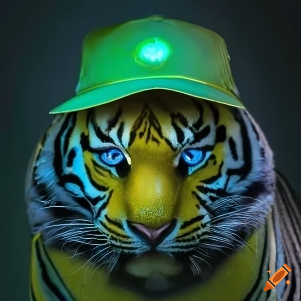 digital art of a tiger with glowing blue eyes and a green cap