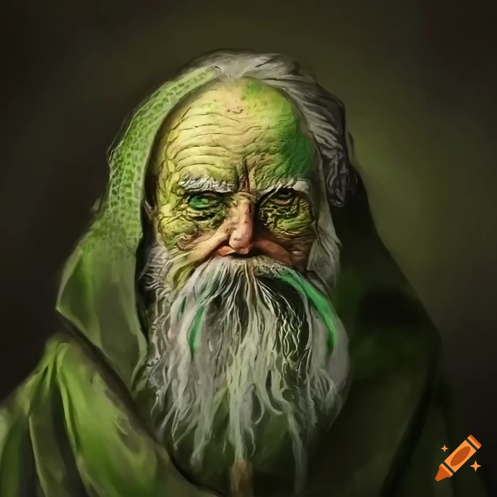 portrait of an old man in a green cloak and fake beard