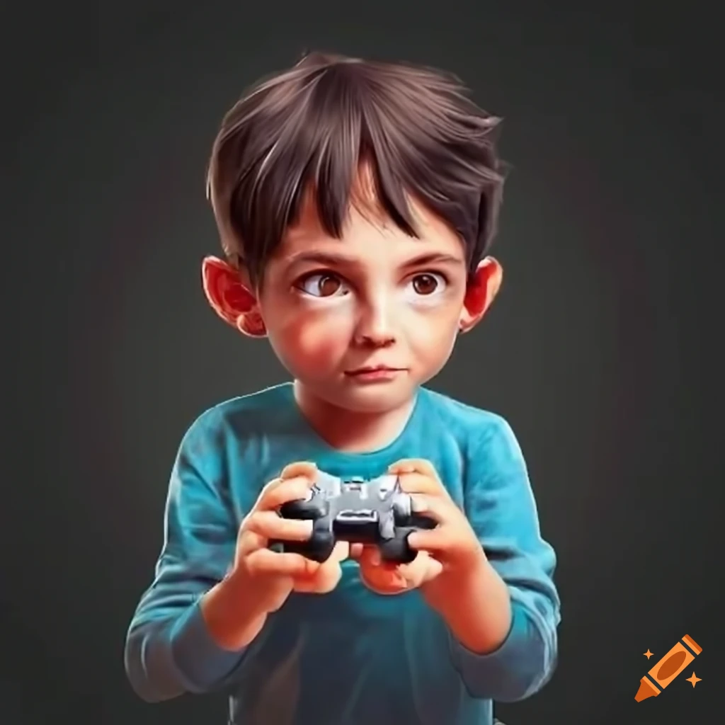 Kid having fun playing video game on craiyon