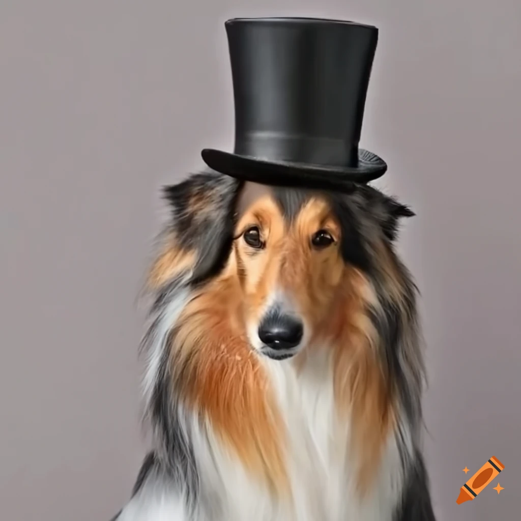 Image of a sheltie dog with a monocle and top hat drinking tea on Craiyon