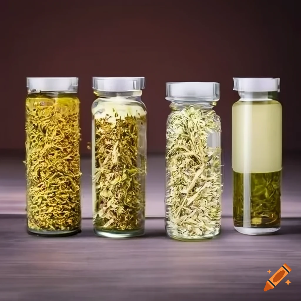 Stylish and convenient glass container with medicinal herbs products on