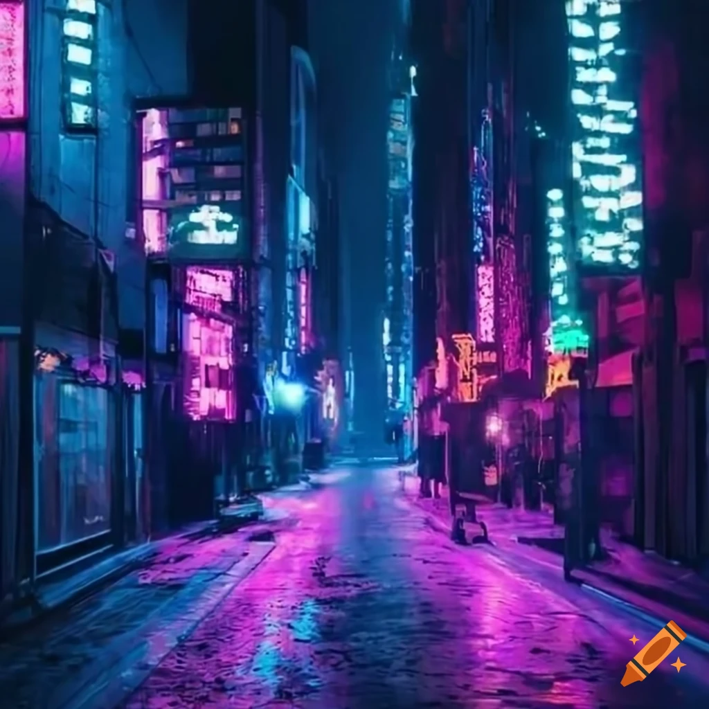 neon-lit cyberpunk city street at night
