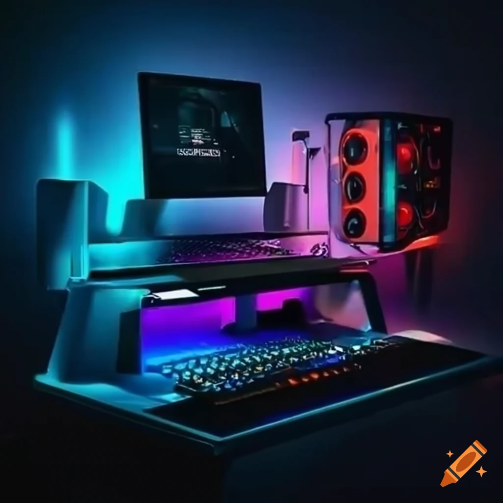 A head on camera angle photo of a gaming set up in a desk in a dark with a  deep blue illuminating from led lights surrounding the setup on Craiyon