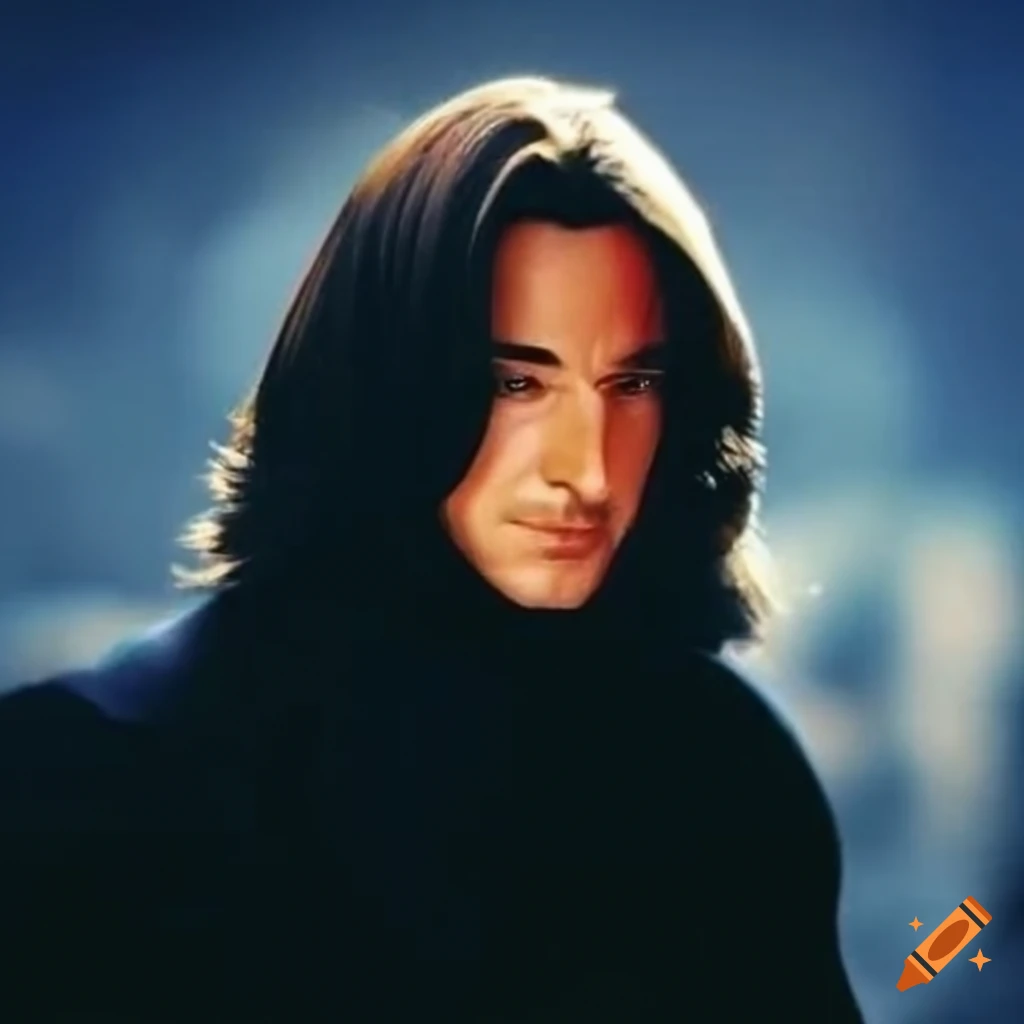 portrait of young Alan Rickman with black long hair