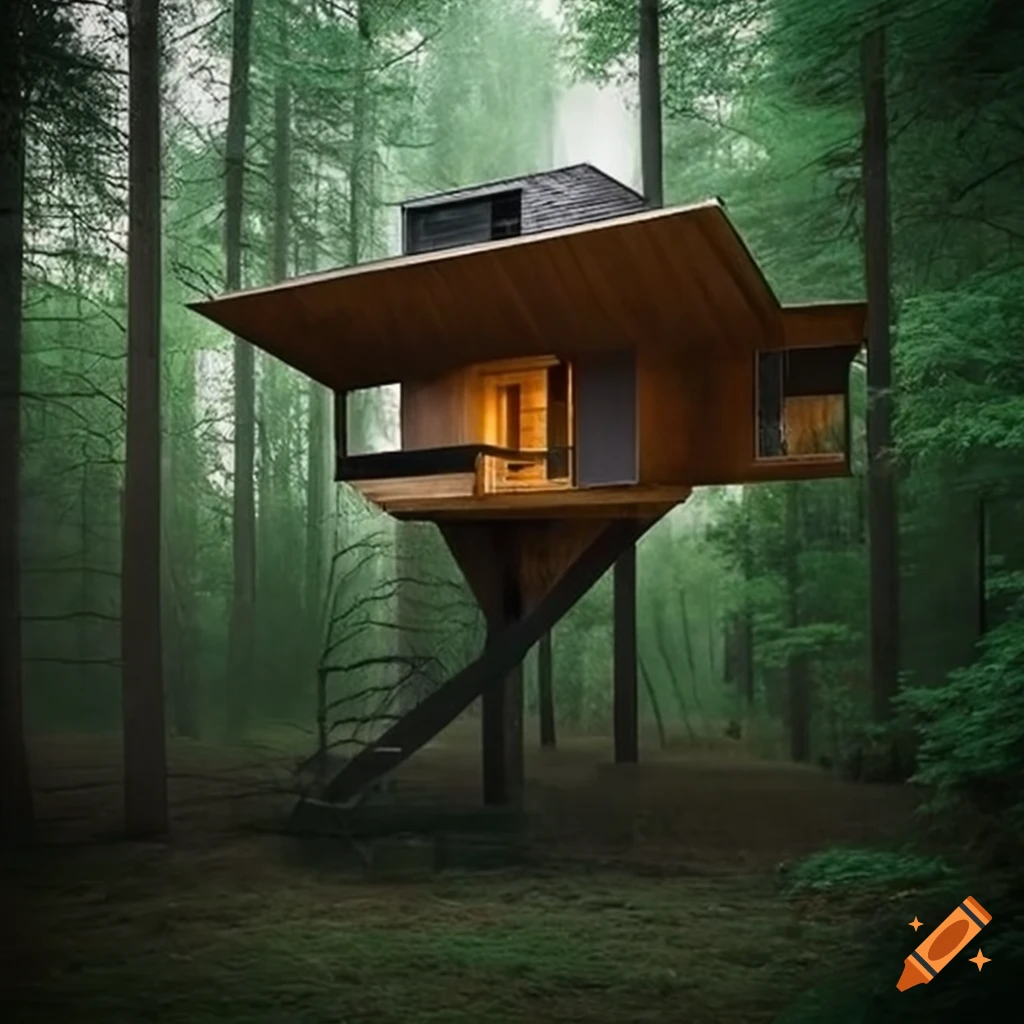brutalist treehouse surrounded by nature