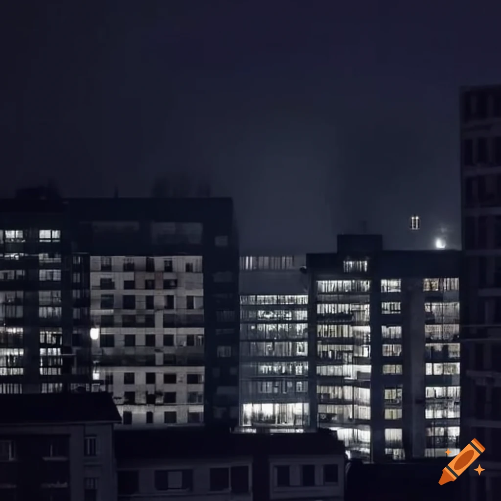 night view of a city with buildings and fog
