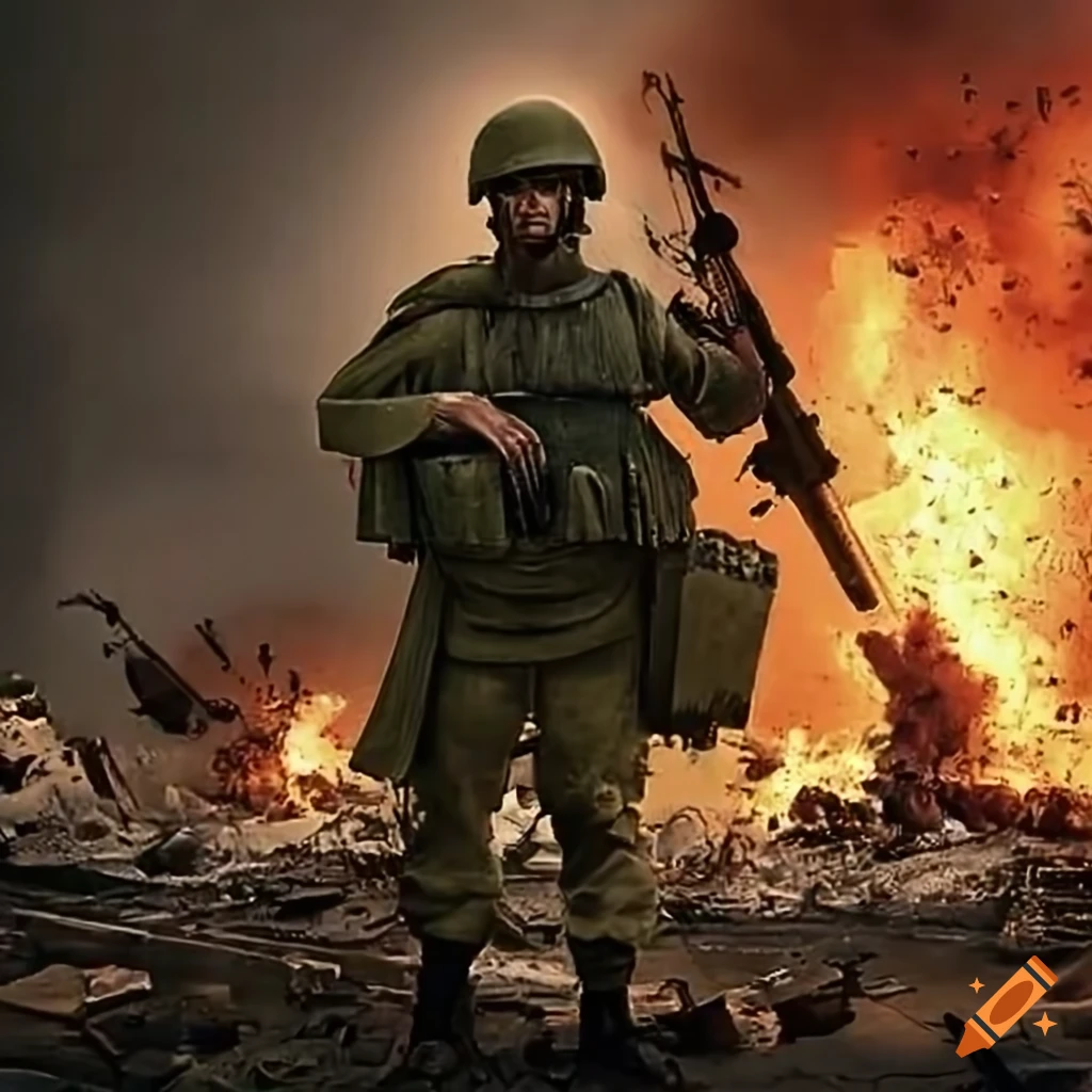 Image of a greek soldier in a war-torn landscape