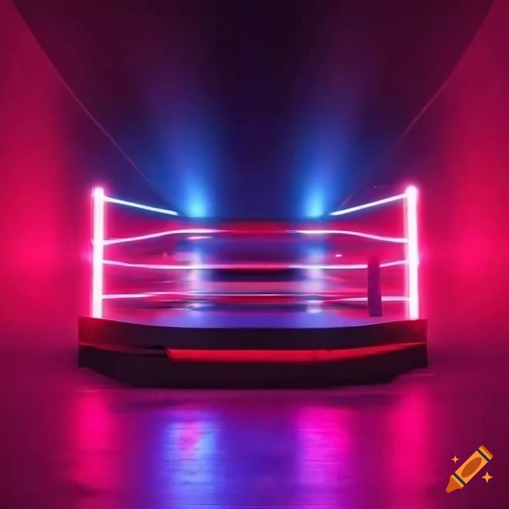 Neonlit underground fighting arena with a boxing ring