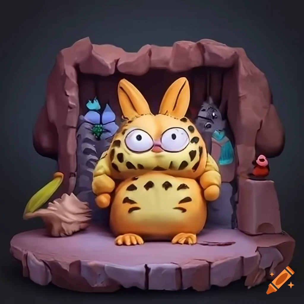 whimsical diorama of a Zelda-Garfield-Totoro inspired video game