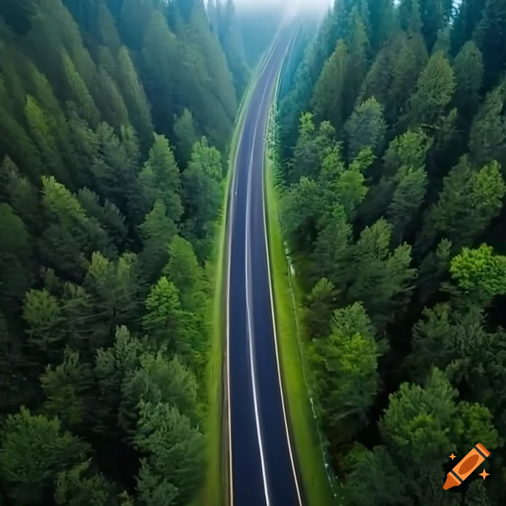 aerial view of a highway surrounded by a dense forest