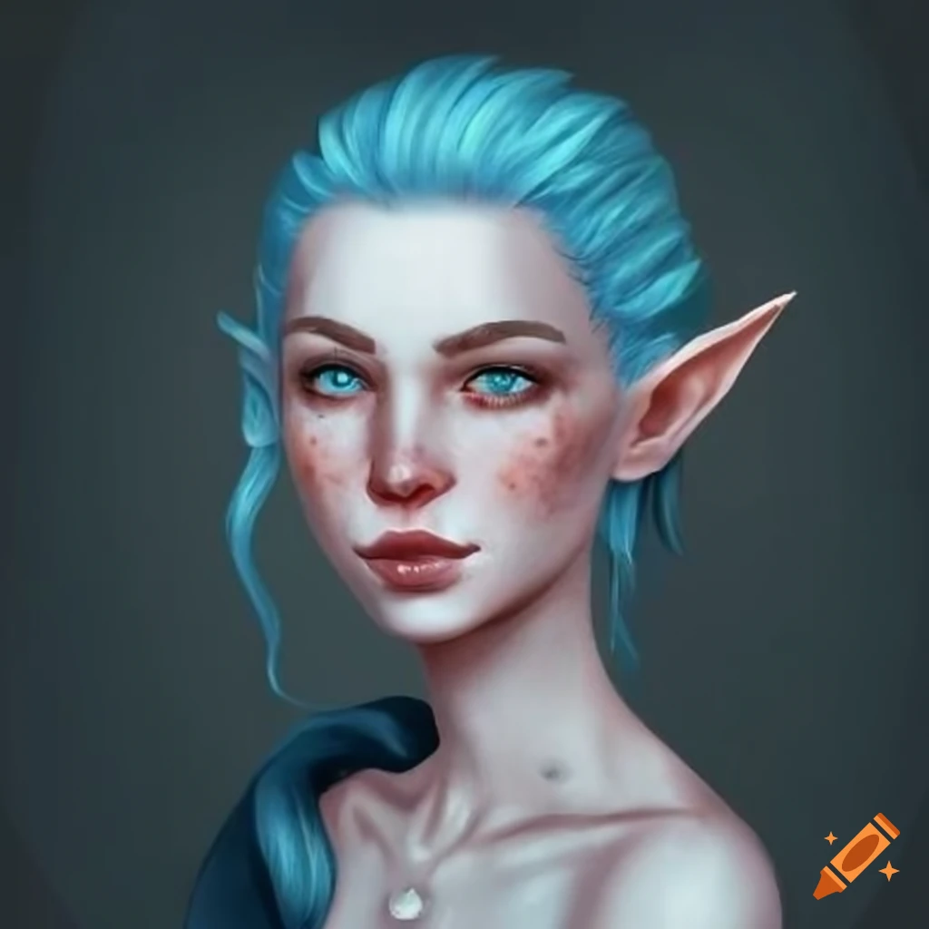 Illustration of a kind half-elf woman with freckles on Craiyon