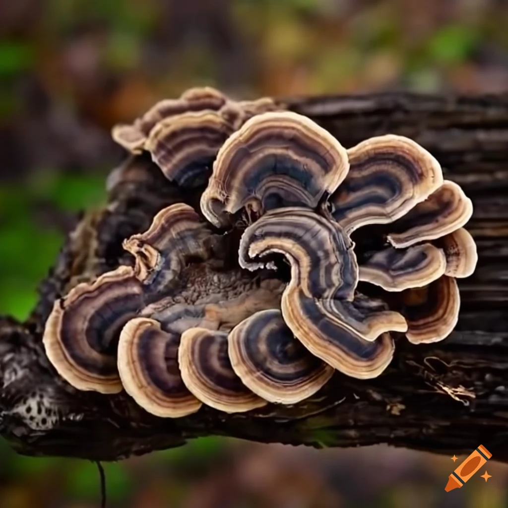 turkey tail mushrooms growing on a log