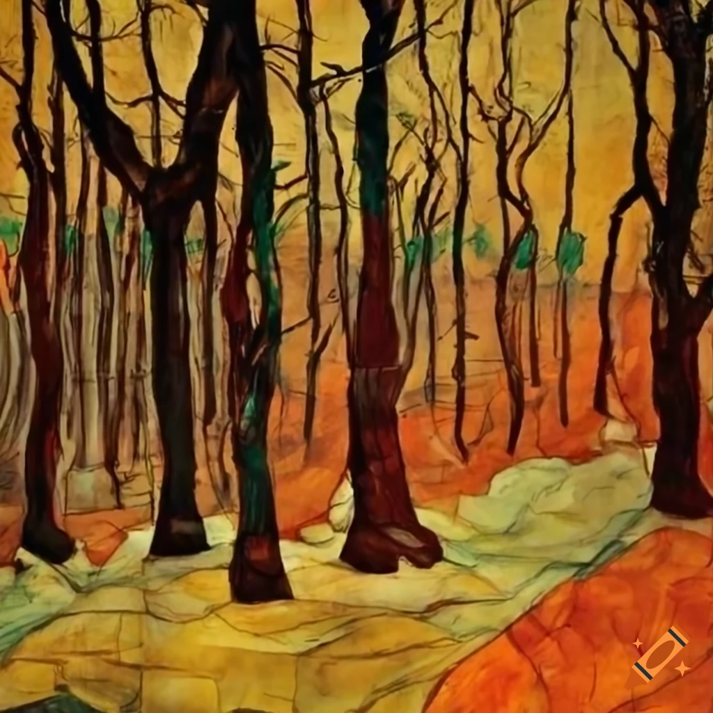 Forest painting in egon schiele style on Craiyon