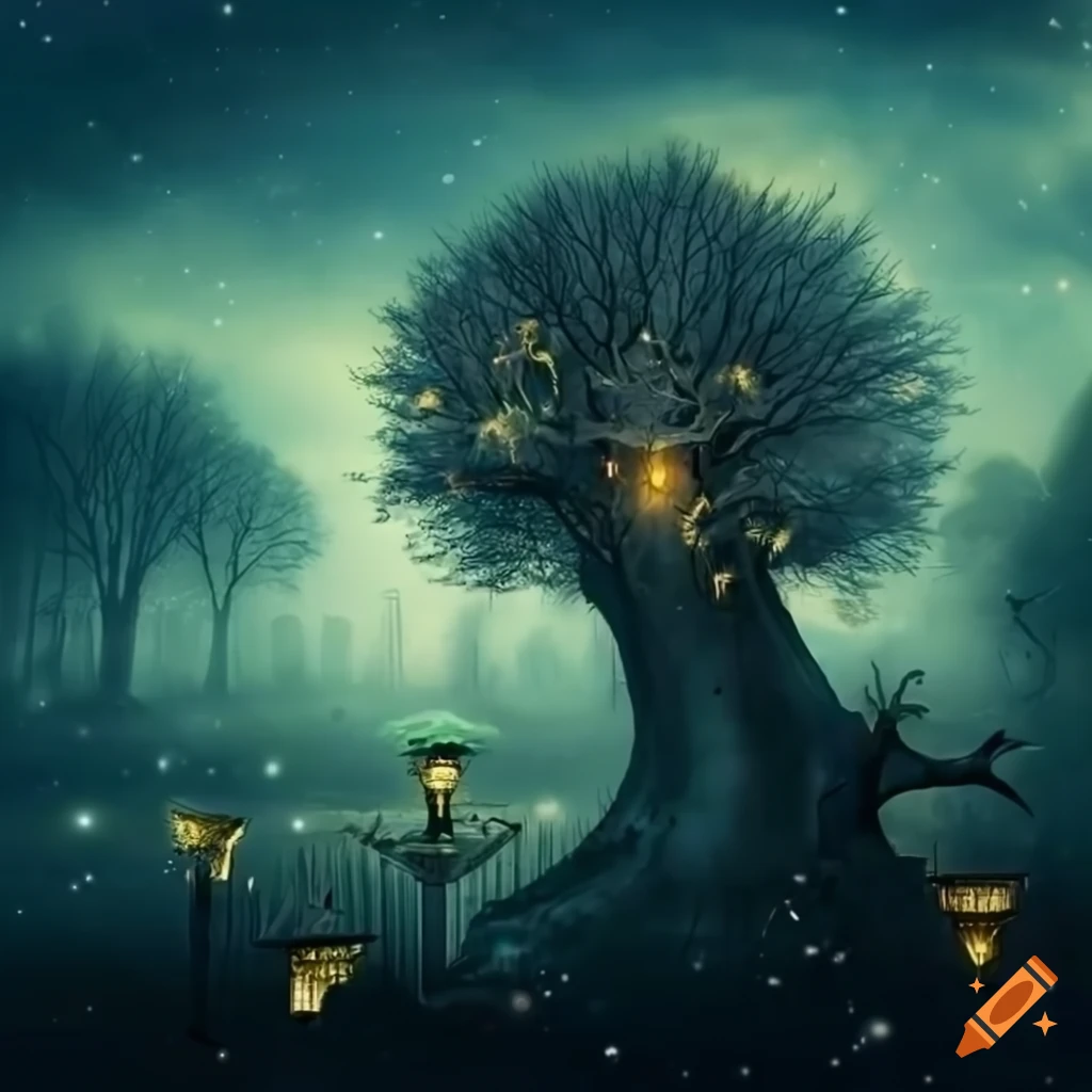 Surreal park with strange creatures, lamp posts, and fantasy elements ...