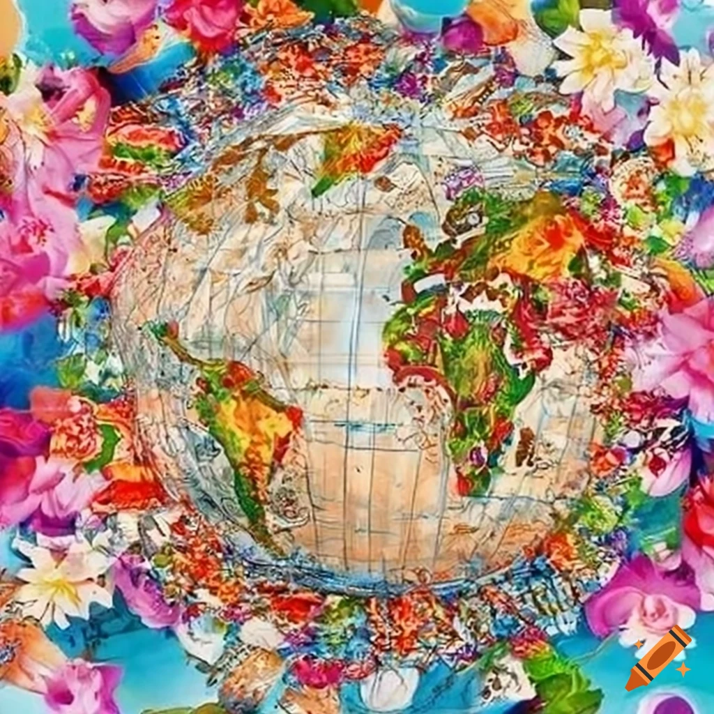 colorful flower on a world map with food symbols