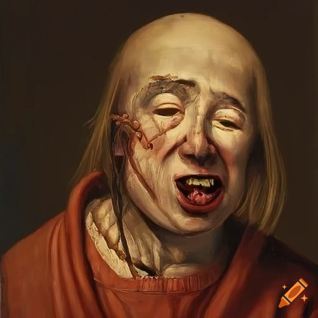 portrait painting of a wide grinning face by Quentin Massys