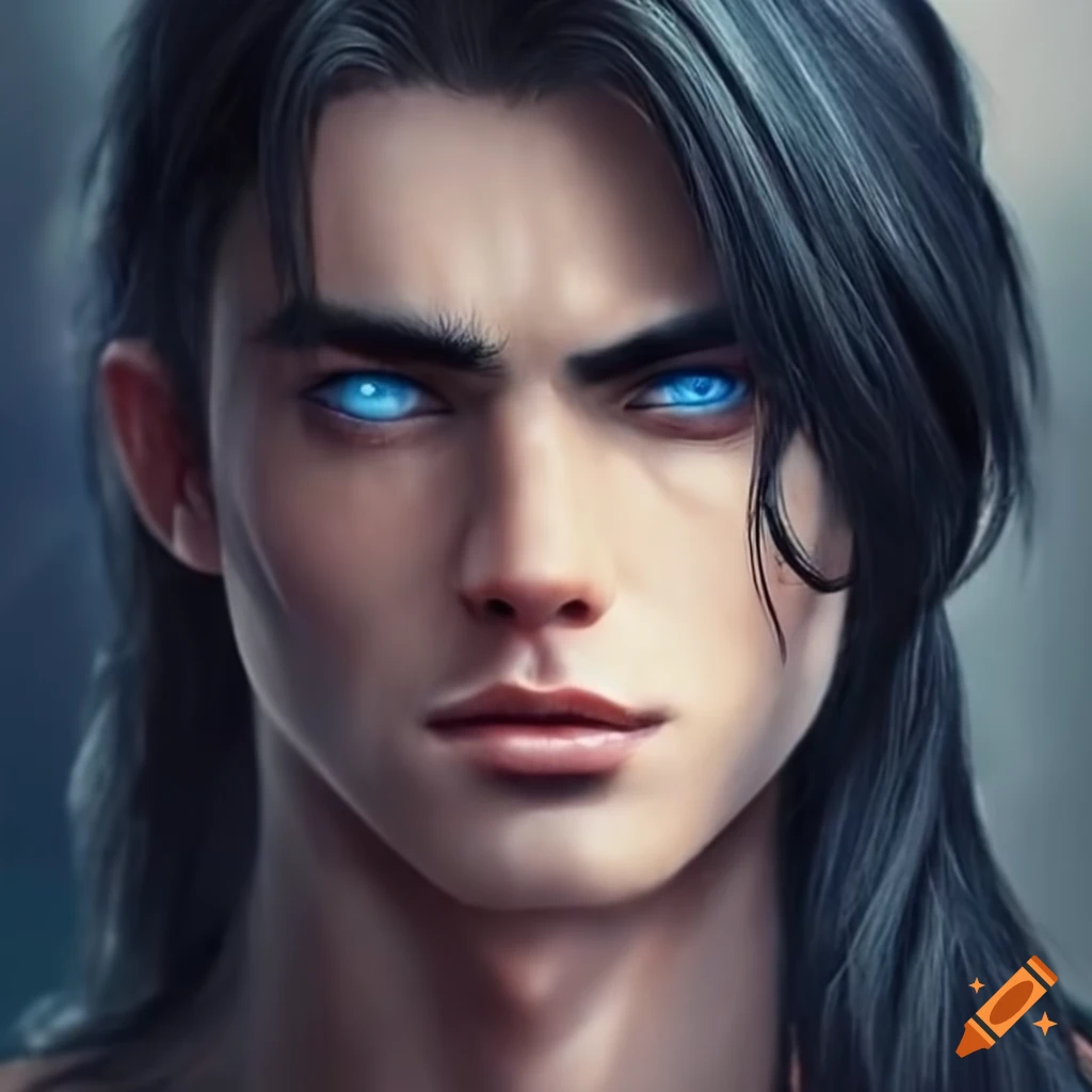 attractive man with long black hair and blue eyes
