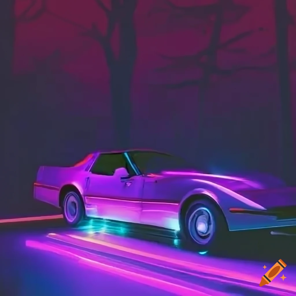 retrowave style scene with a 1980's corvette on a desolate road
