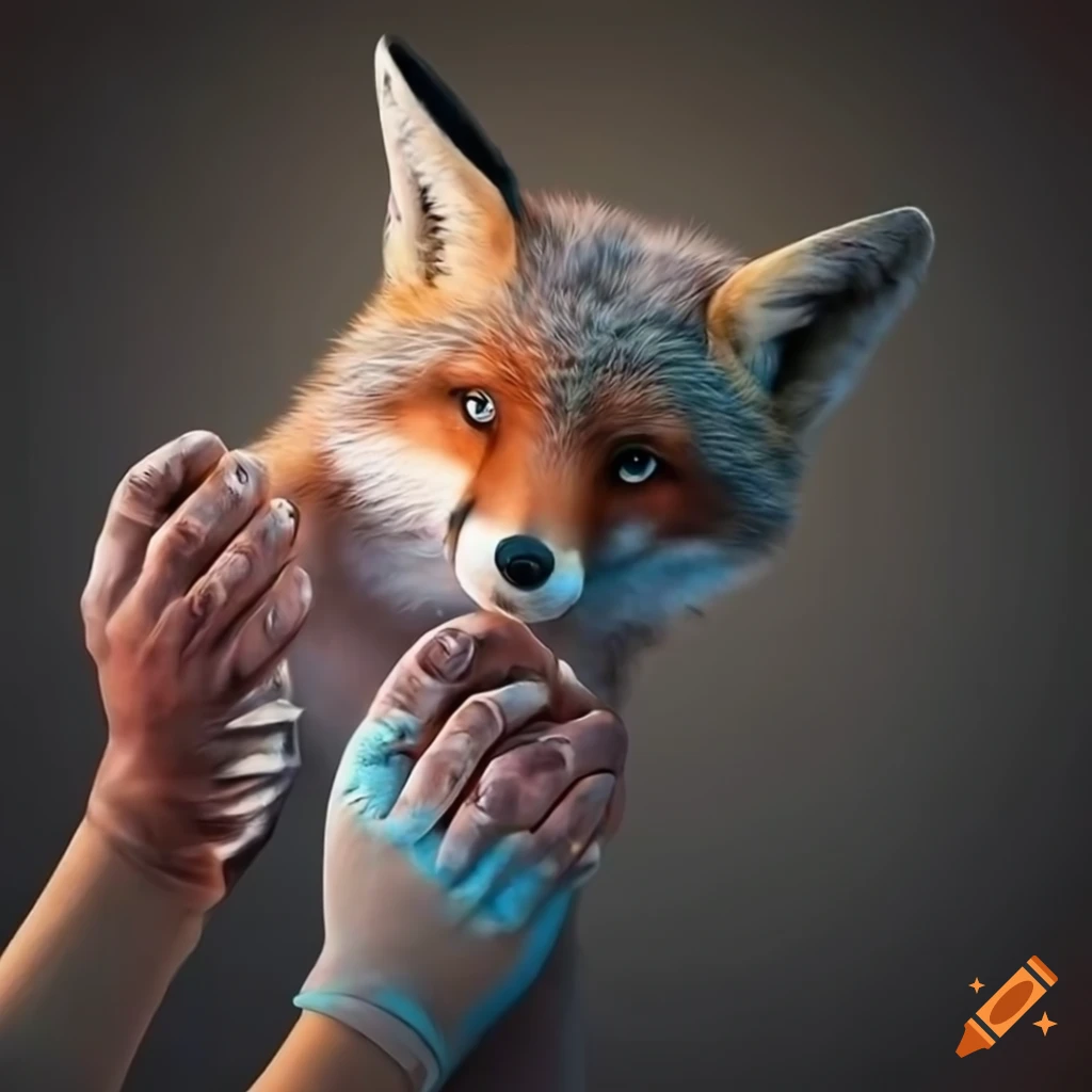 hyperrealistic illustration of hands examining a fox's hips