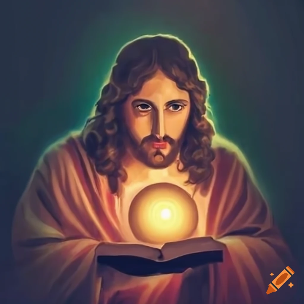 artwork of Jesus with a ball of light and a bible