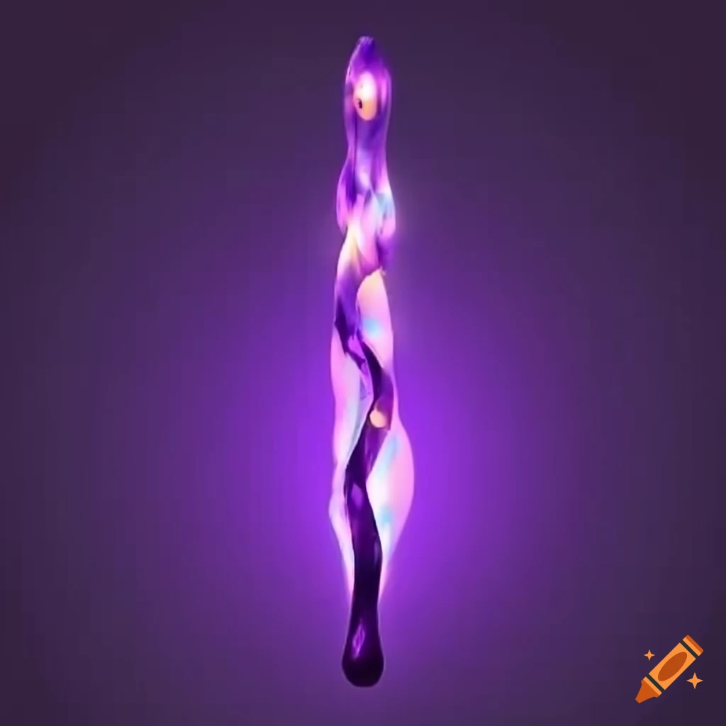 Realistic long magic wand with purple and green crystals and metal on ...