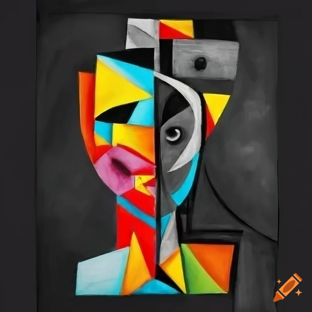 abstract black and white cubist artwork with red, yellow, and turquoise accents