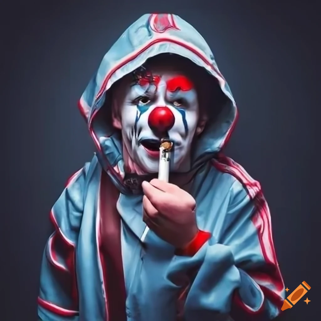 clown wearing a tracksuit and vaping