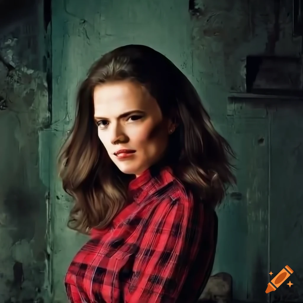 Closeup of hayley atwell in a red plaid shirt and black leather trousers