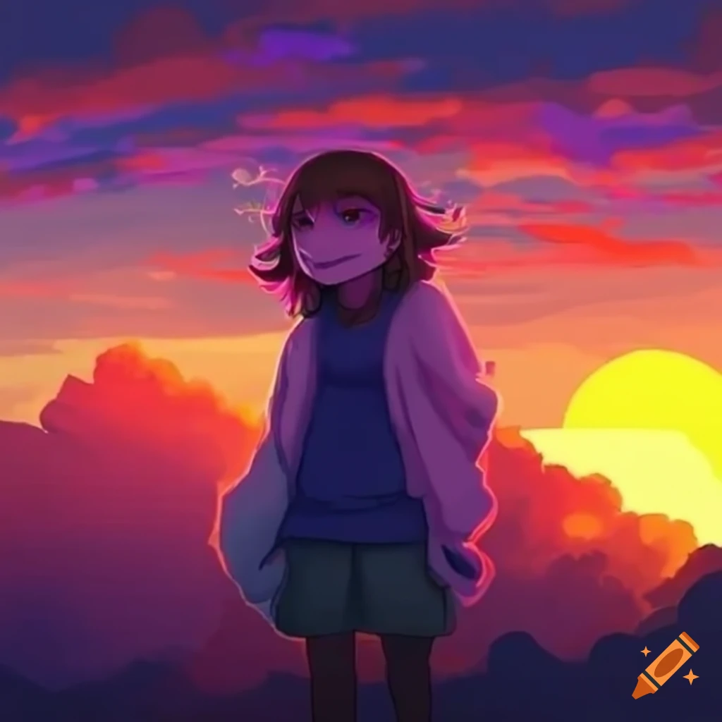 sunset with Undertale characters captivated by the view