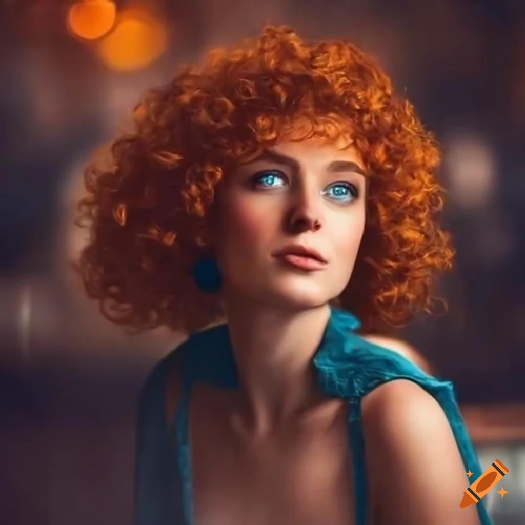 Captivating Image Of A Curly Redhead Woman With Blue Eyes