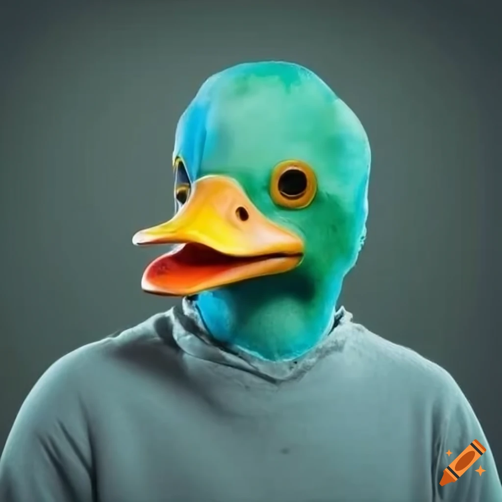 man wearing a cyan duck mask with yellow beak