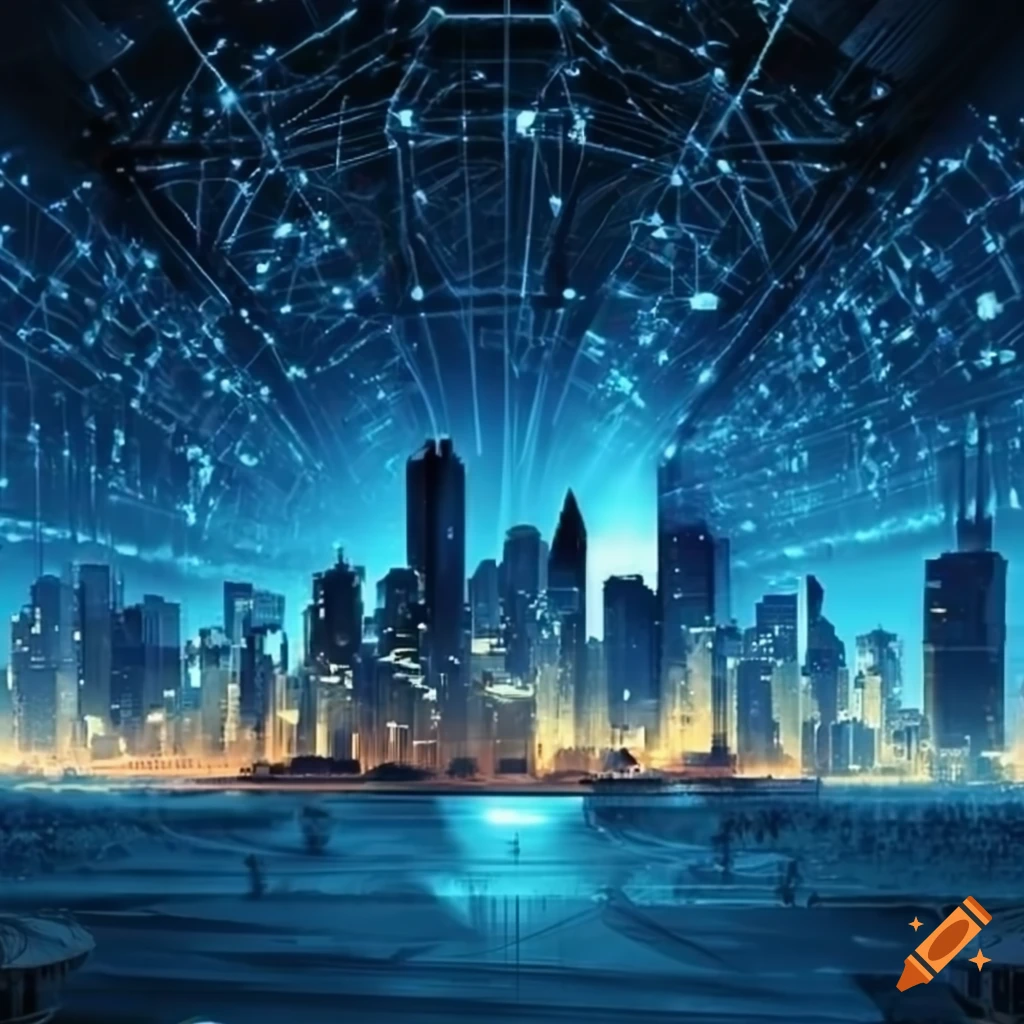 Global cybersecurity group with chicago skyline and network diagram on
