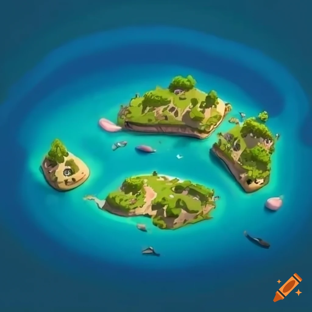 Top View Of 7 Cartoon Islands Surrounded By Light Blue Sea On Craiyon