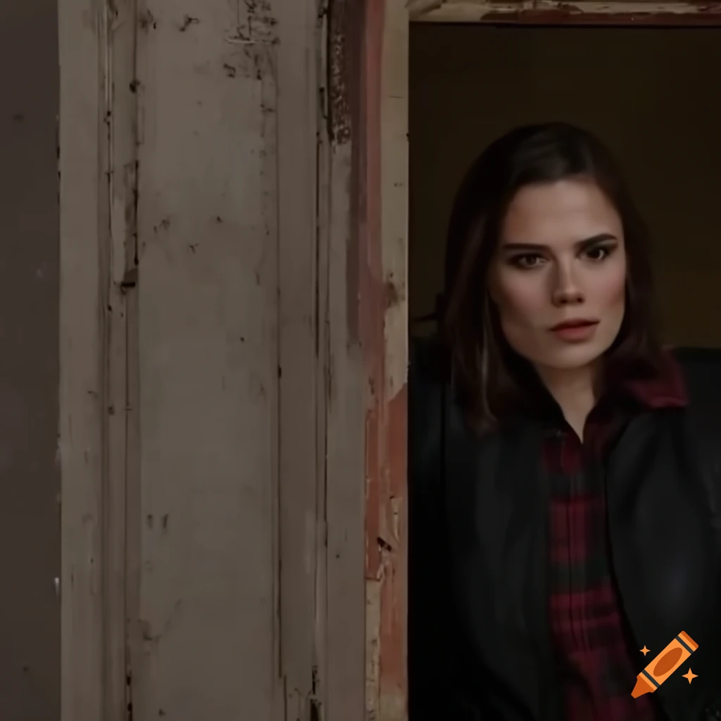 Actress hayley atwell peeking through a door in a derelict building