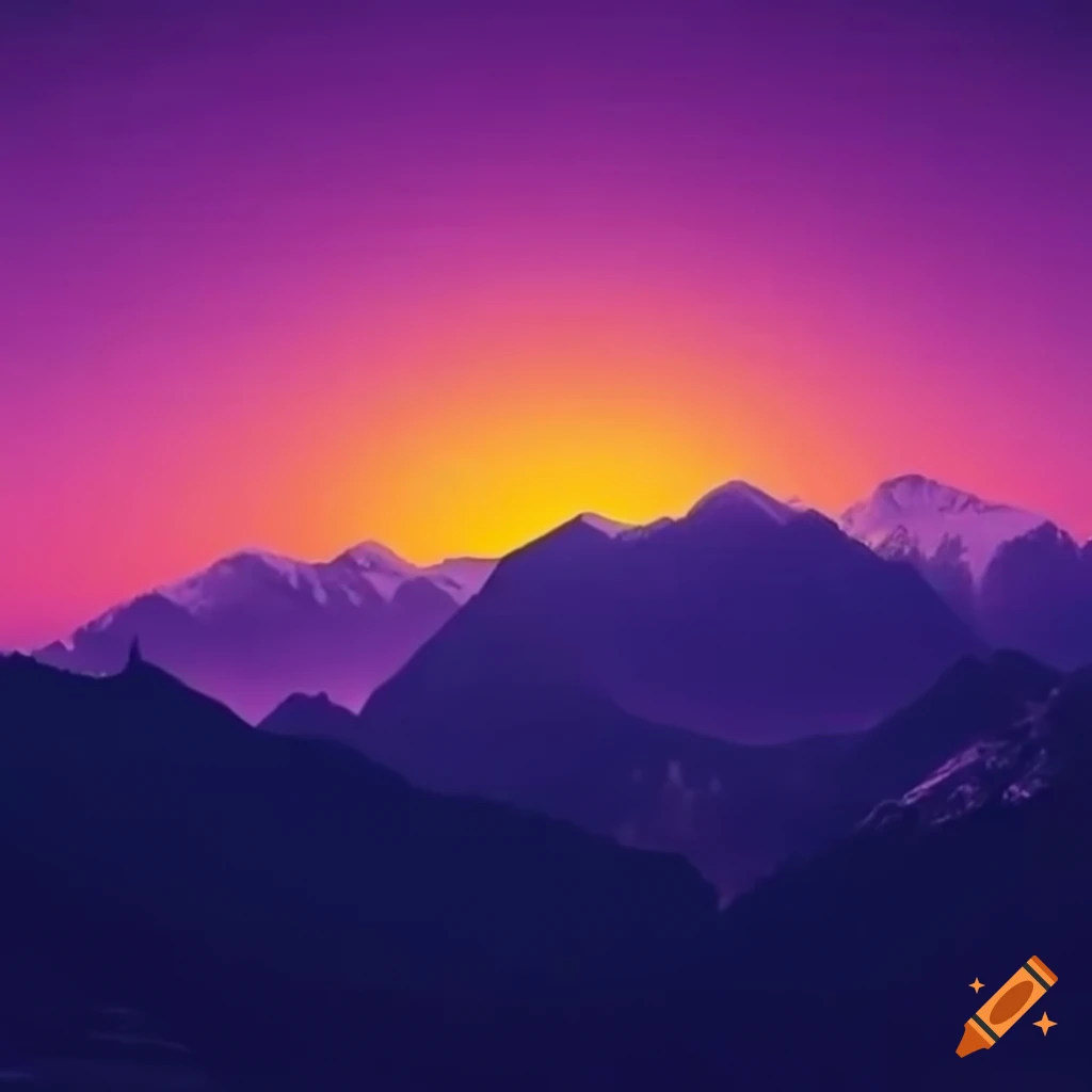 Vibrant purple sunset over mountain range on Craiyon