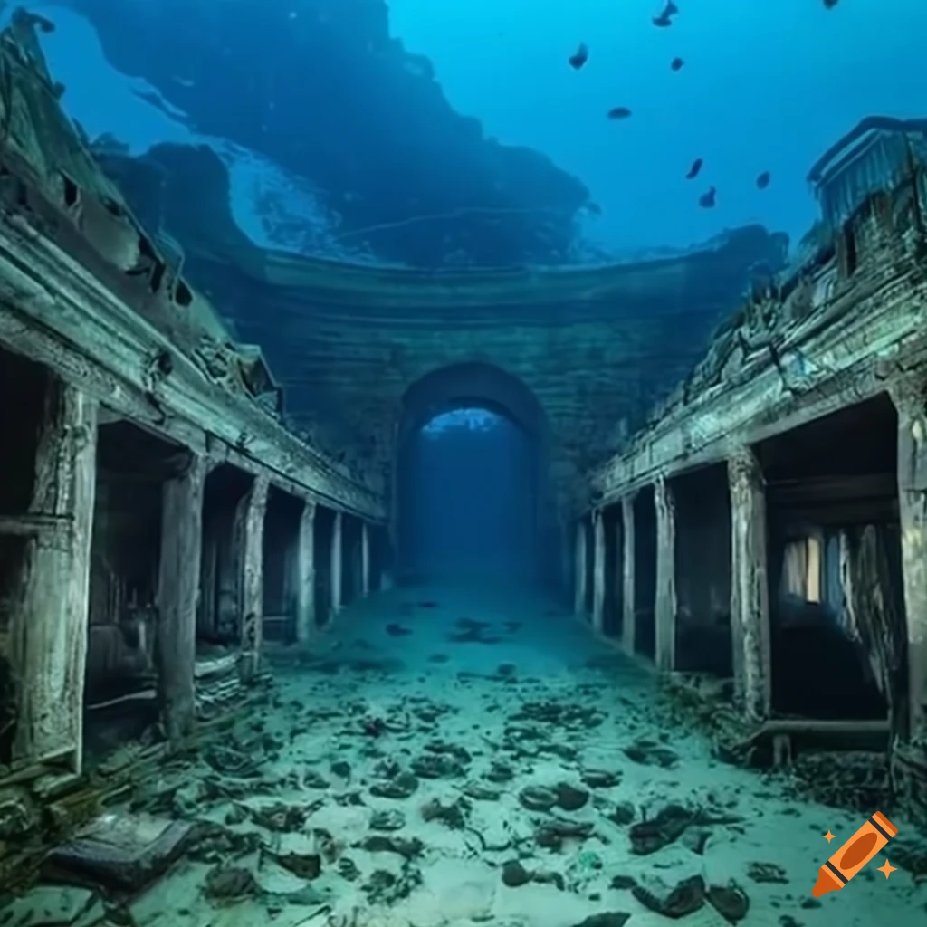 Underwater view of an abandoned city on Craiyon
