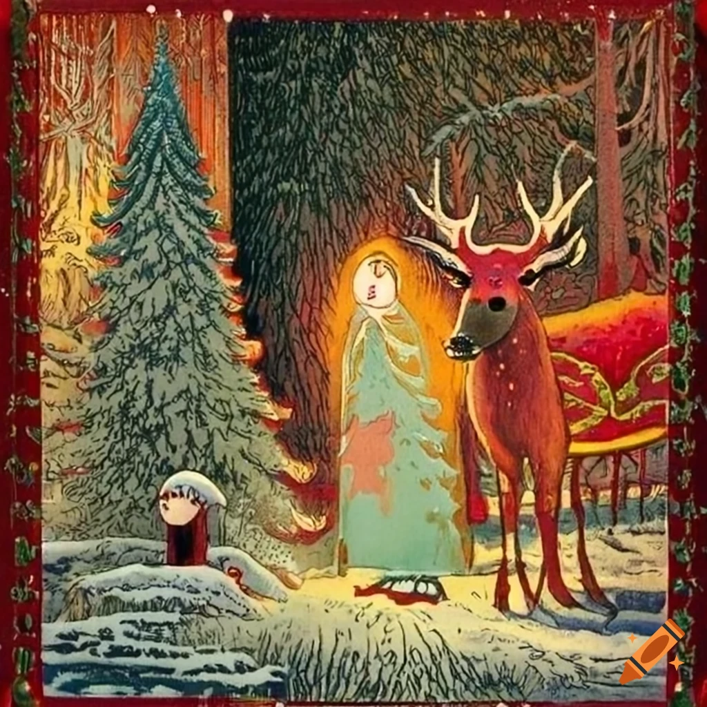 festive holiday illustration with Native Salish and Russian fairytale motifs