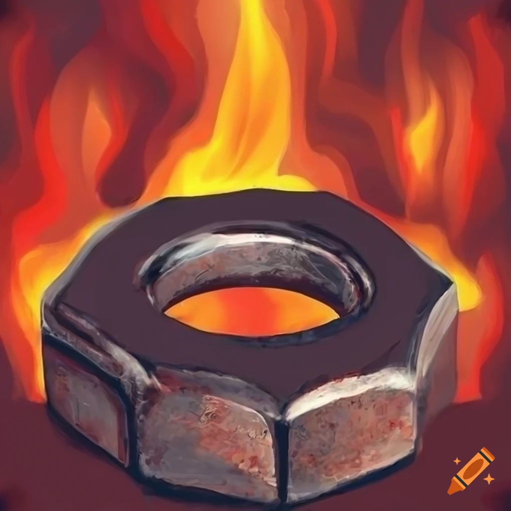 Classic style painting of a fiery iron hex nut on Craiyon
