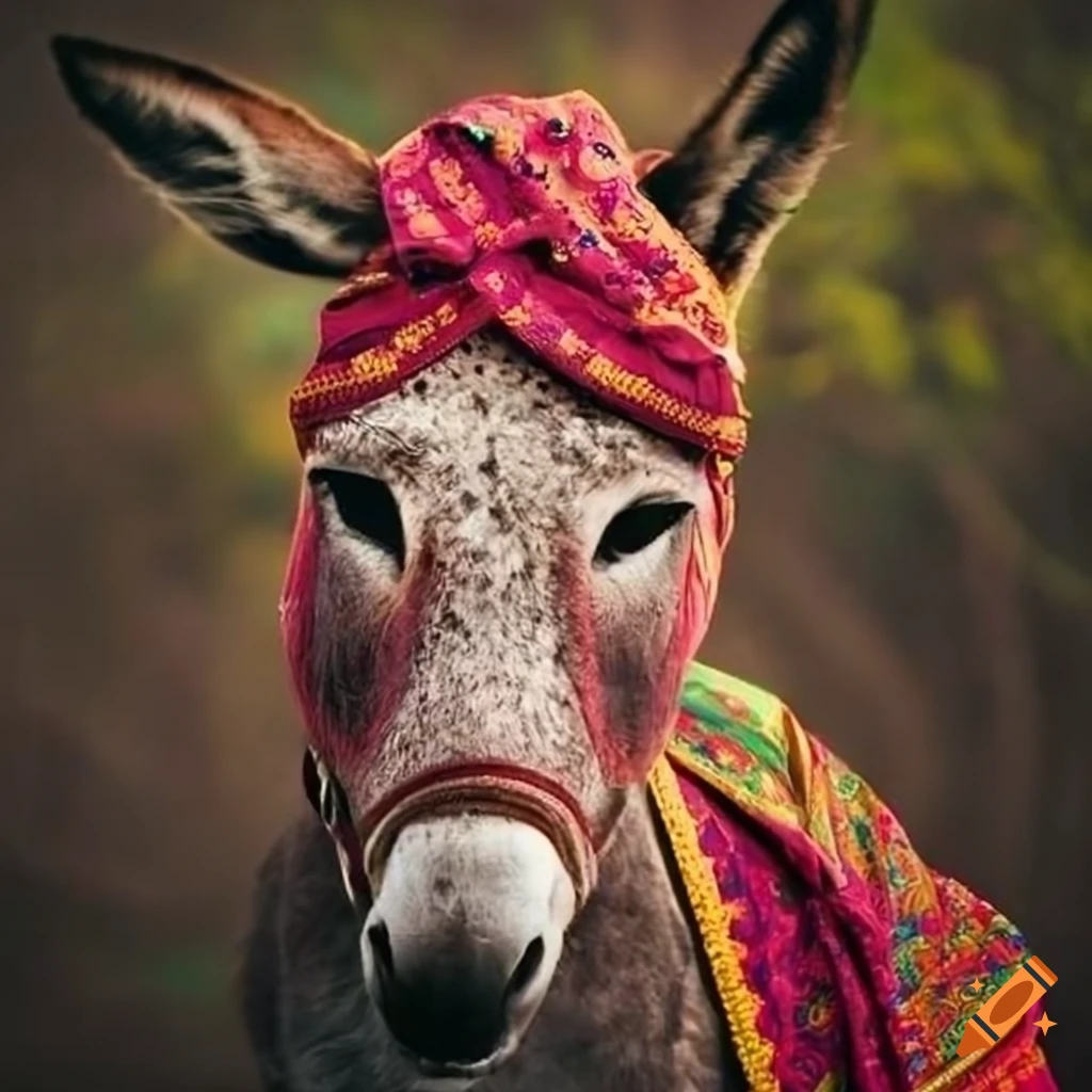 donkey wearing a sari with a bindi