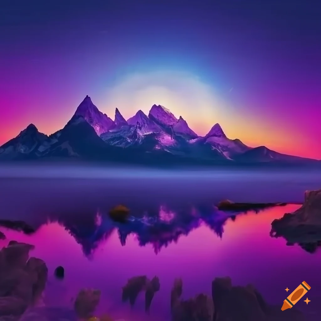 paysage avec coucher de soleil bleu et violet et montagnes