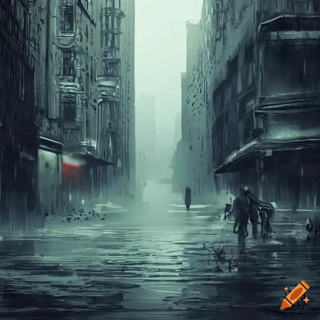 Apocalyptic city street scene in the rain on Craiyon