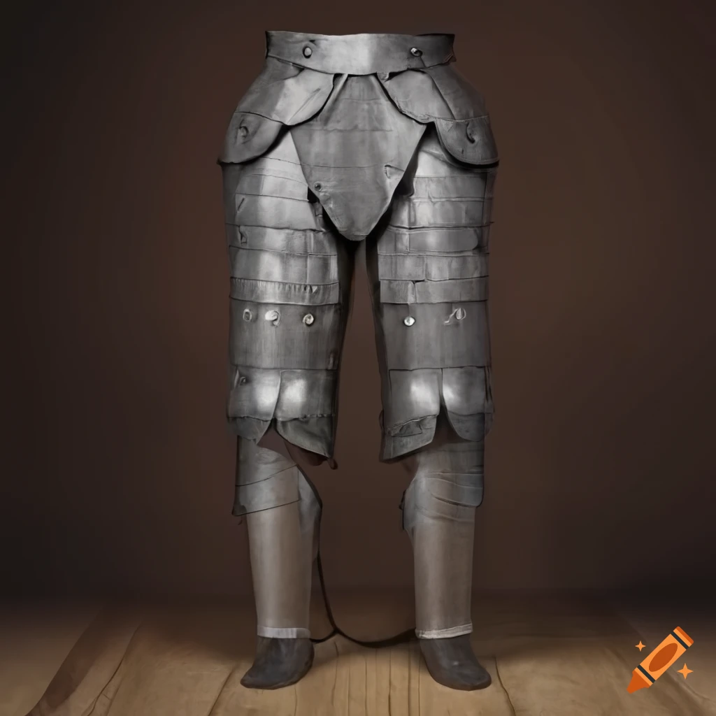 Front view of medieval iron trousers with steel plates on Craiyon