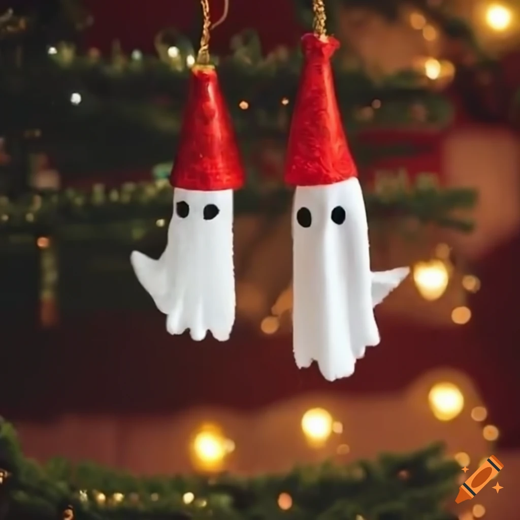 Cute ghost decorating a christmas tree on Craiyon