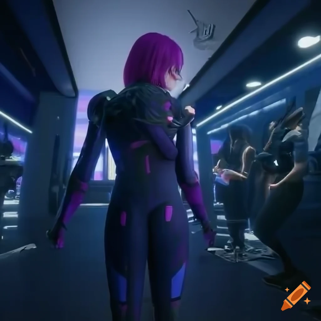 Maisie Williams as a sci-fi girl in purple hair and jumpsuit