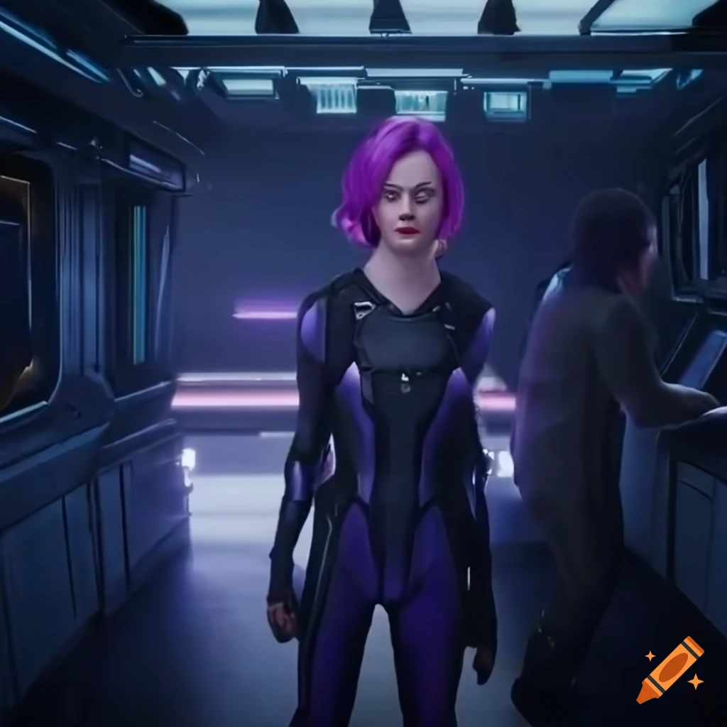 image of Maisie Williams as a sci-fi girl in a purple jumpsuit