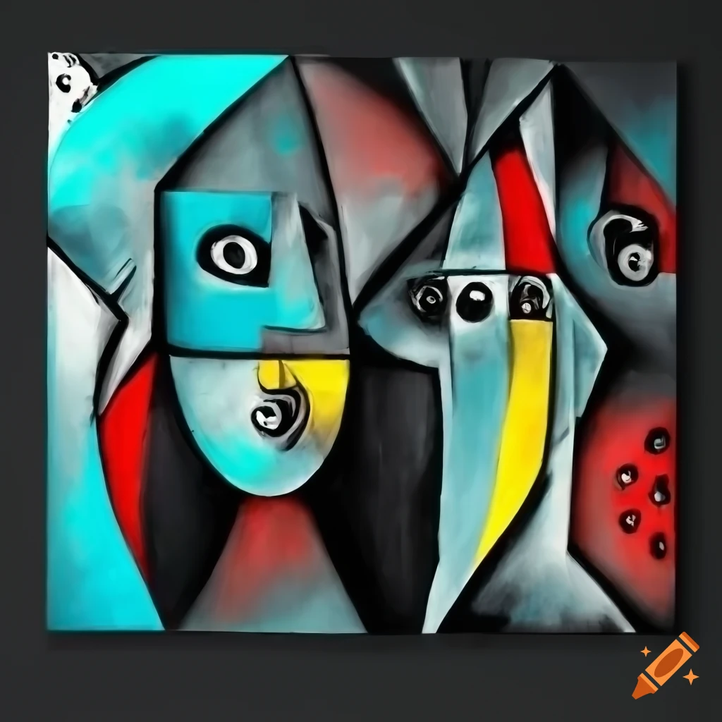 black and white cubist expressionist artwork with red, yellow, turquoise, and blue accents