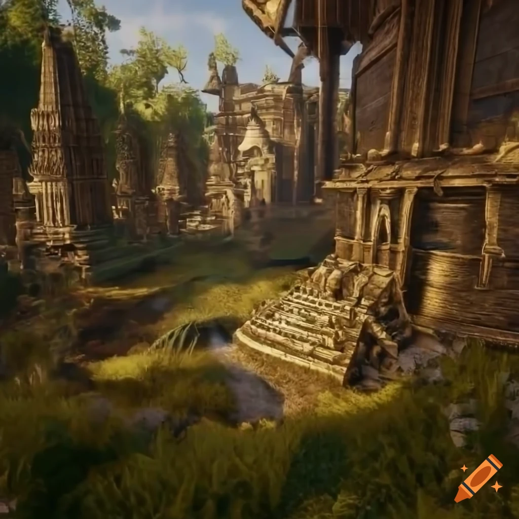 aerial view of a sci-fi temple in a jungle