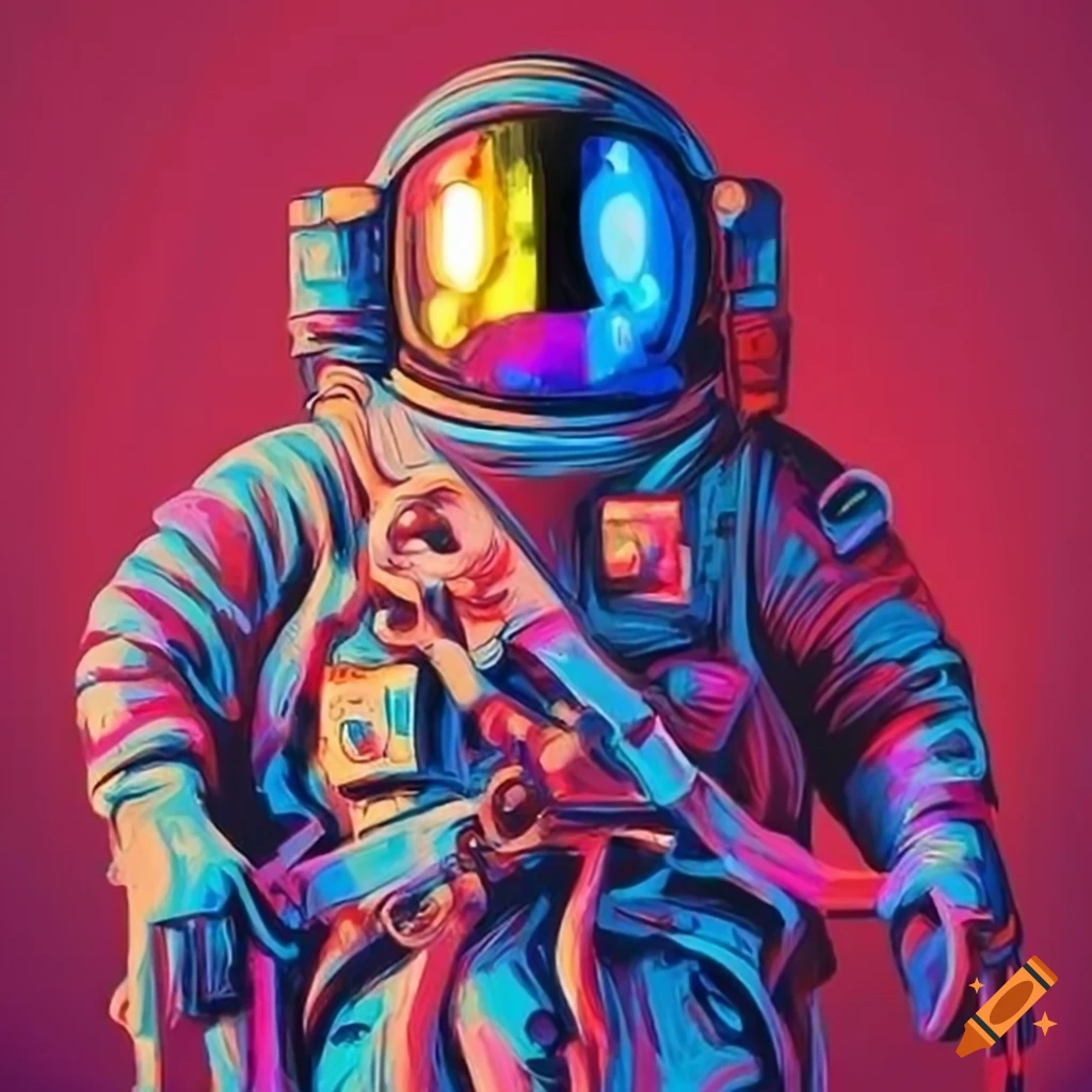 Neon-colored antique astronaut artwork