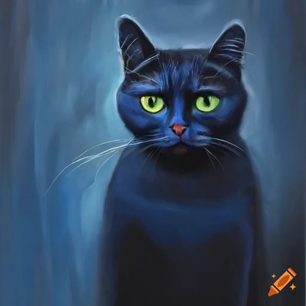 Oil painting of a cat with dark blue fur on Craiyon